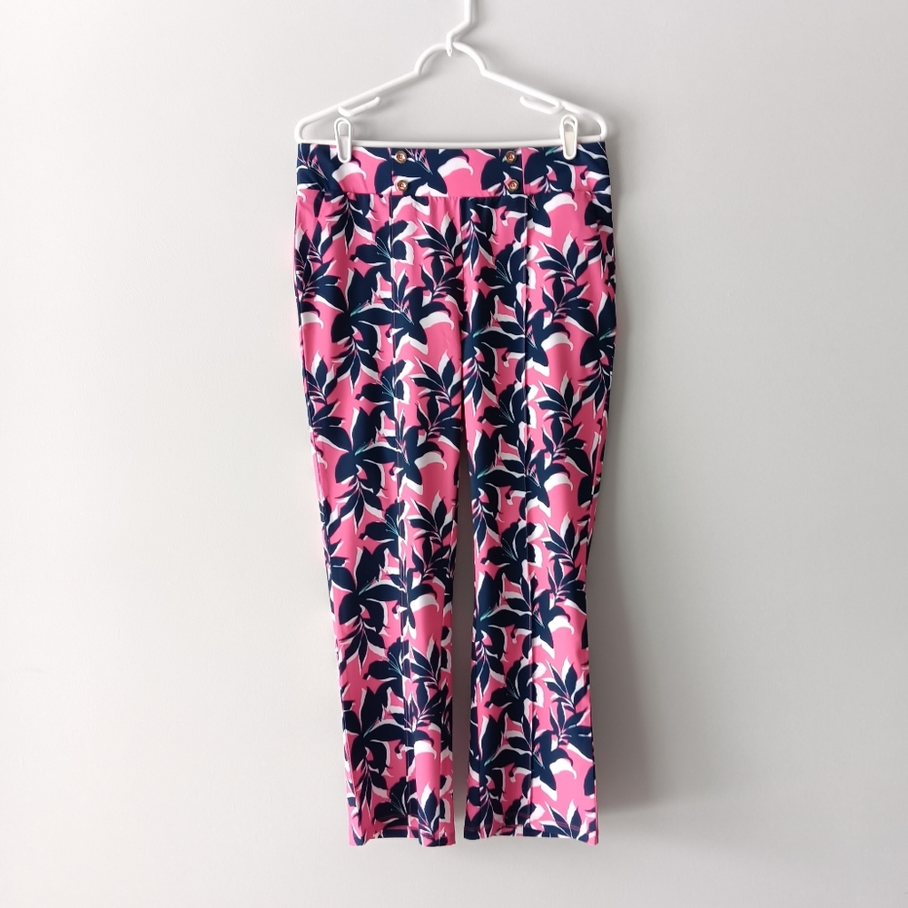 New Stella Parker Sport Floral Pants UPF 50 Tummy Control Pink Navy White Large - Picture 15 of 15